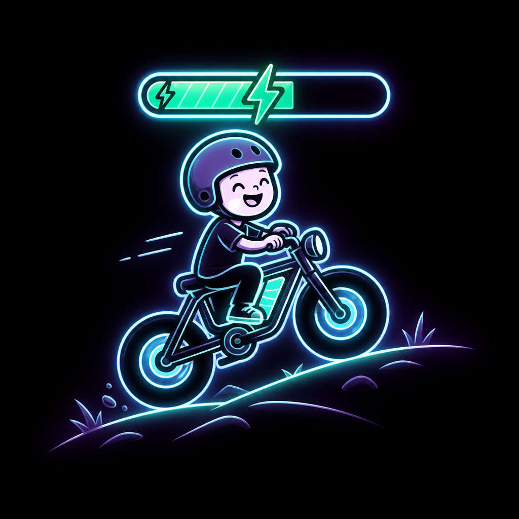 Neon illustration of a rider on an e-bike with a full battery indicator