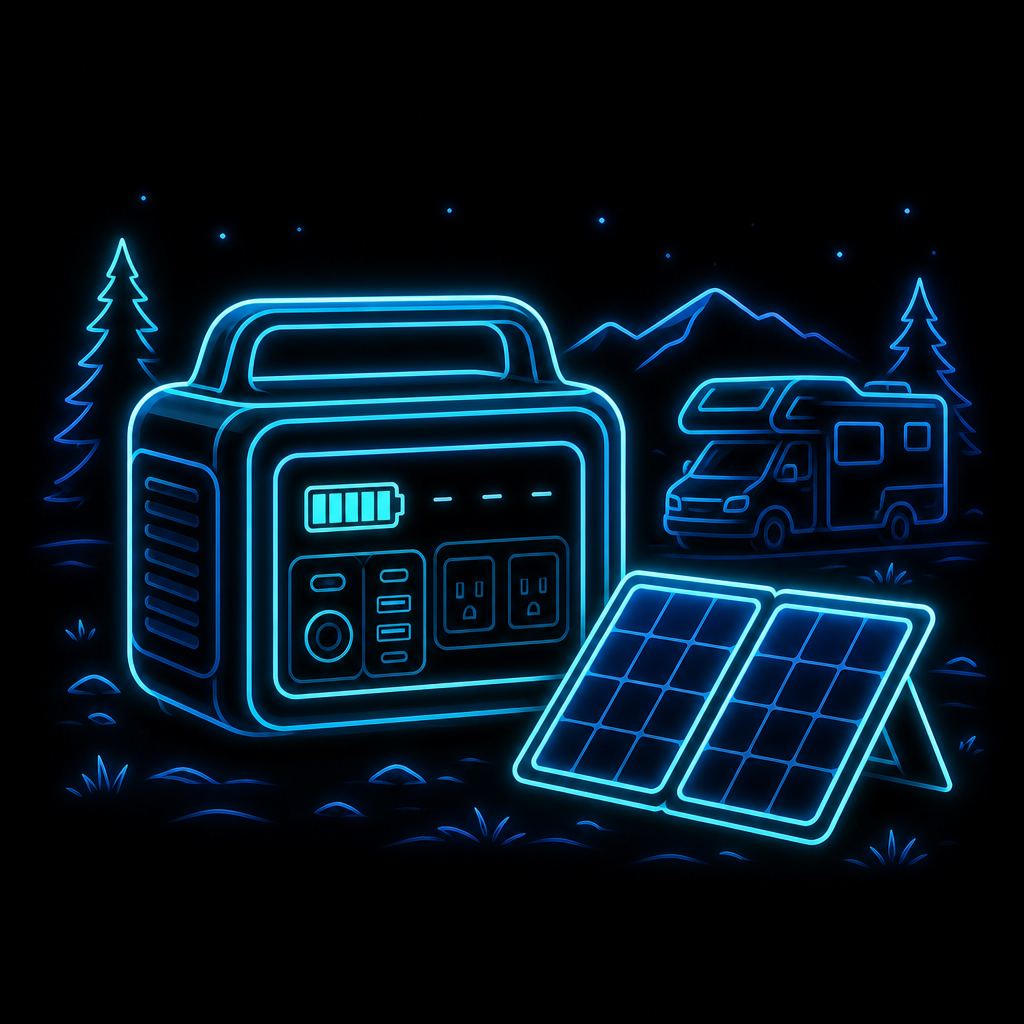 Neon illustration of a portable power station next to a foldable solar panel