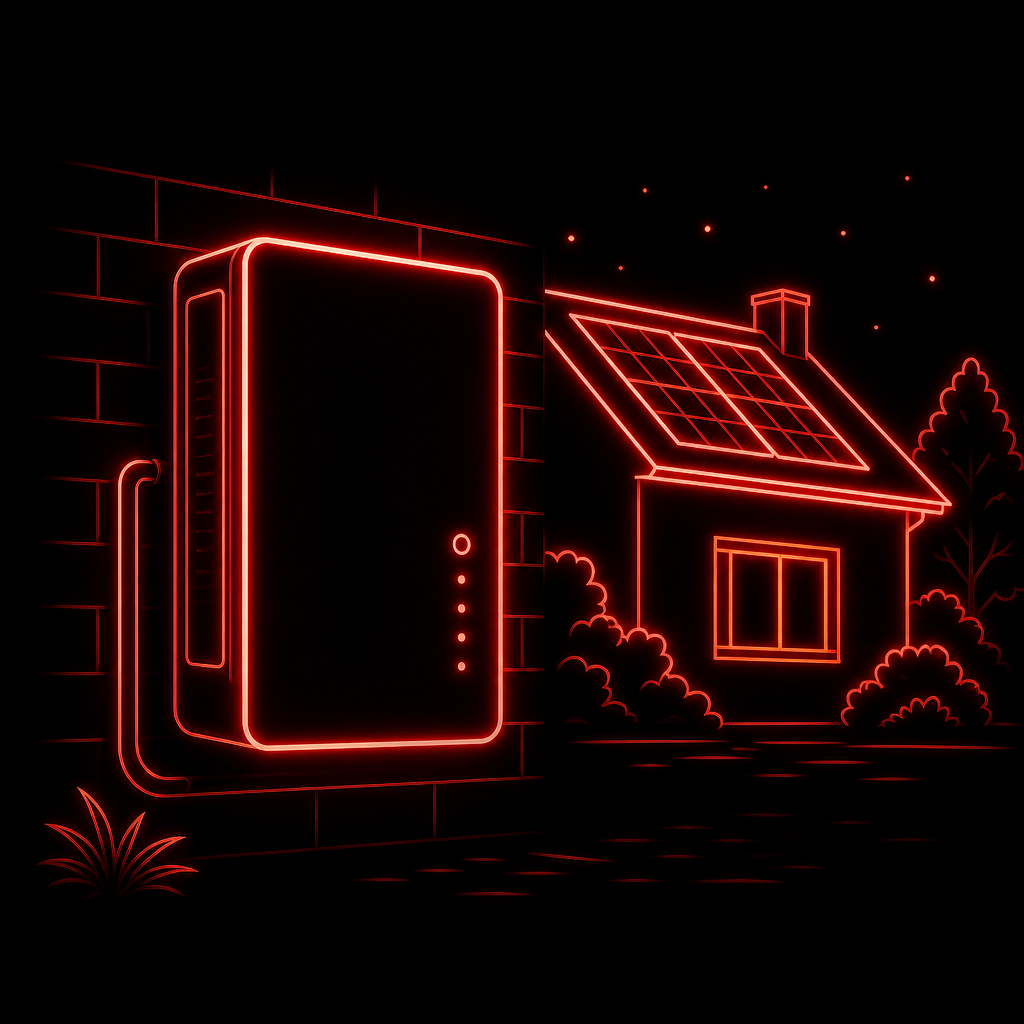 Neon illustration of a home lithium battery storage unit with rooftop solar